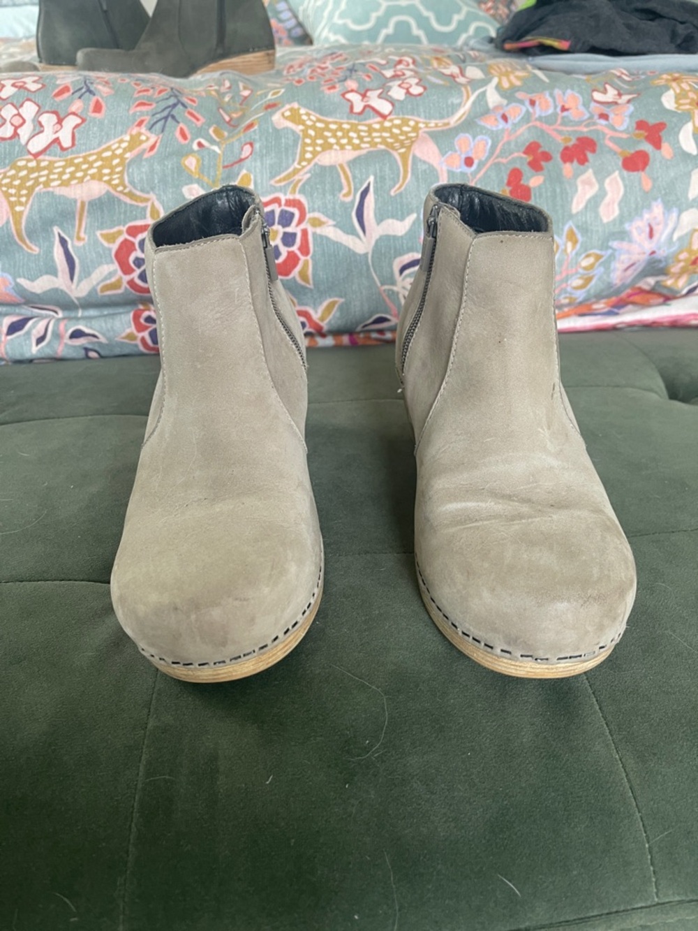 Dansko Lisette Taupe Suede Ankle Booties with Side Zip - Picture 2 of 4